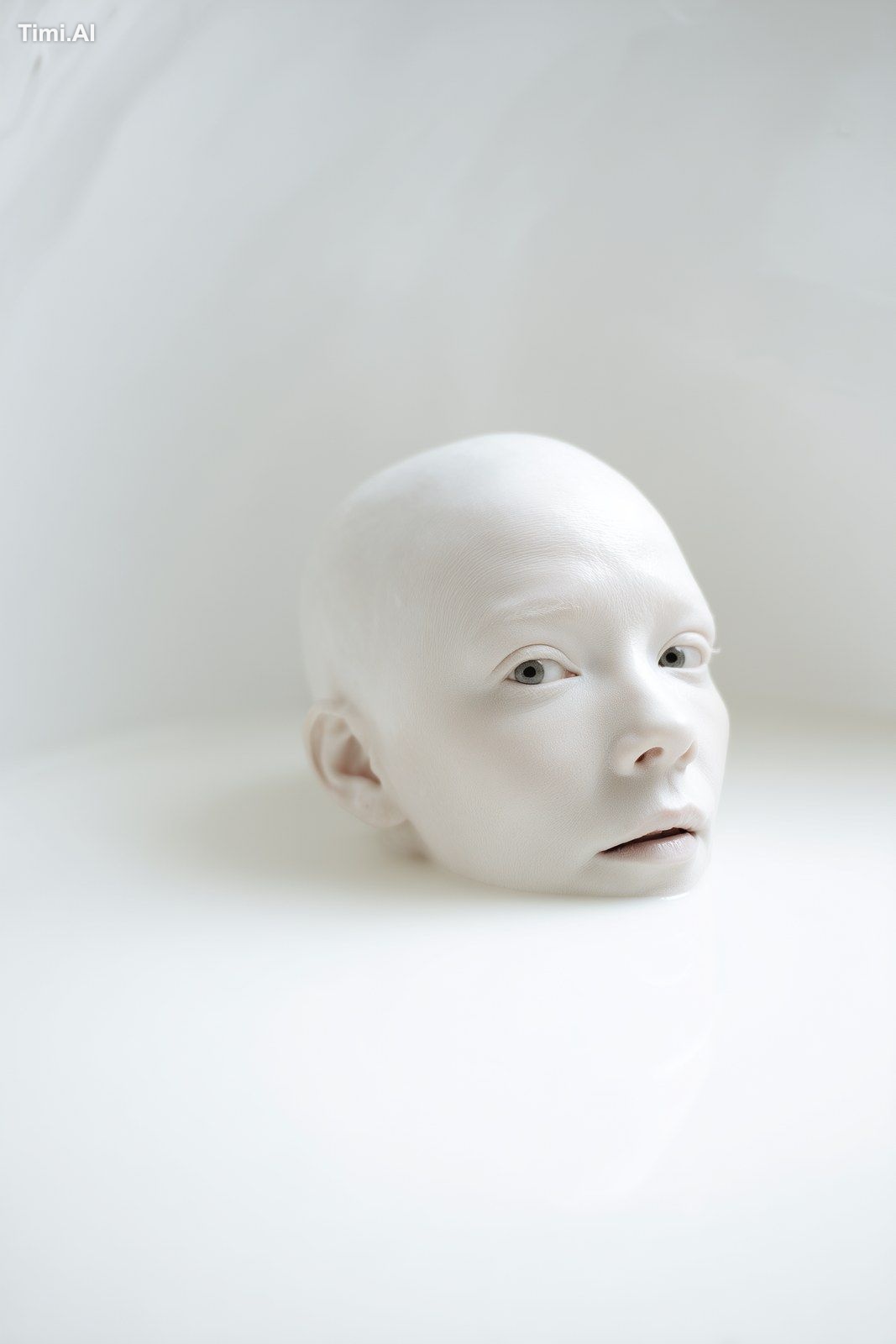An albino Japanese woman peeking out of a vast pool of white paint. No …
