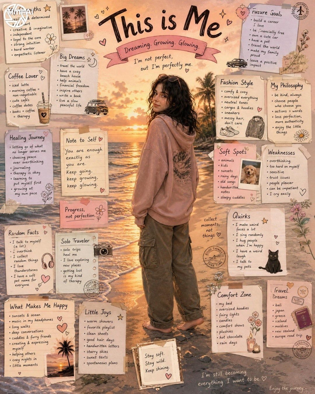 Create a dreamy “This is Me” aesthetic collage poster featuring a girl … 1