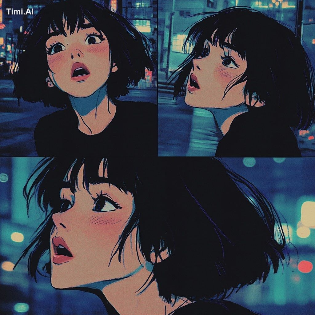 90s anime-style Latina girl with a melancholic yet confident look, insp…