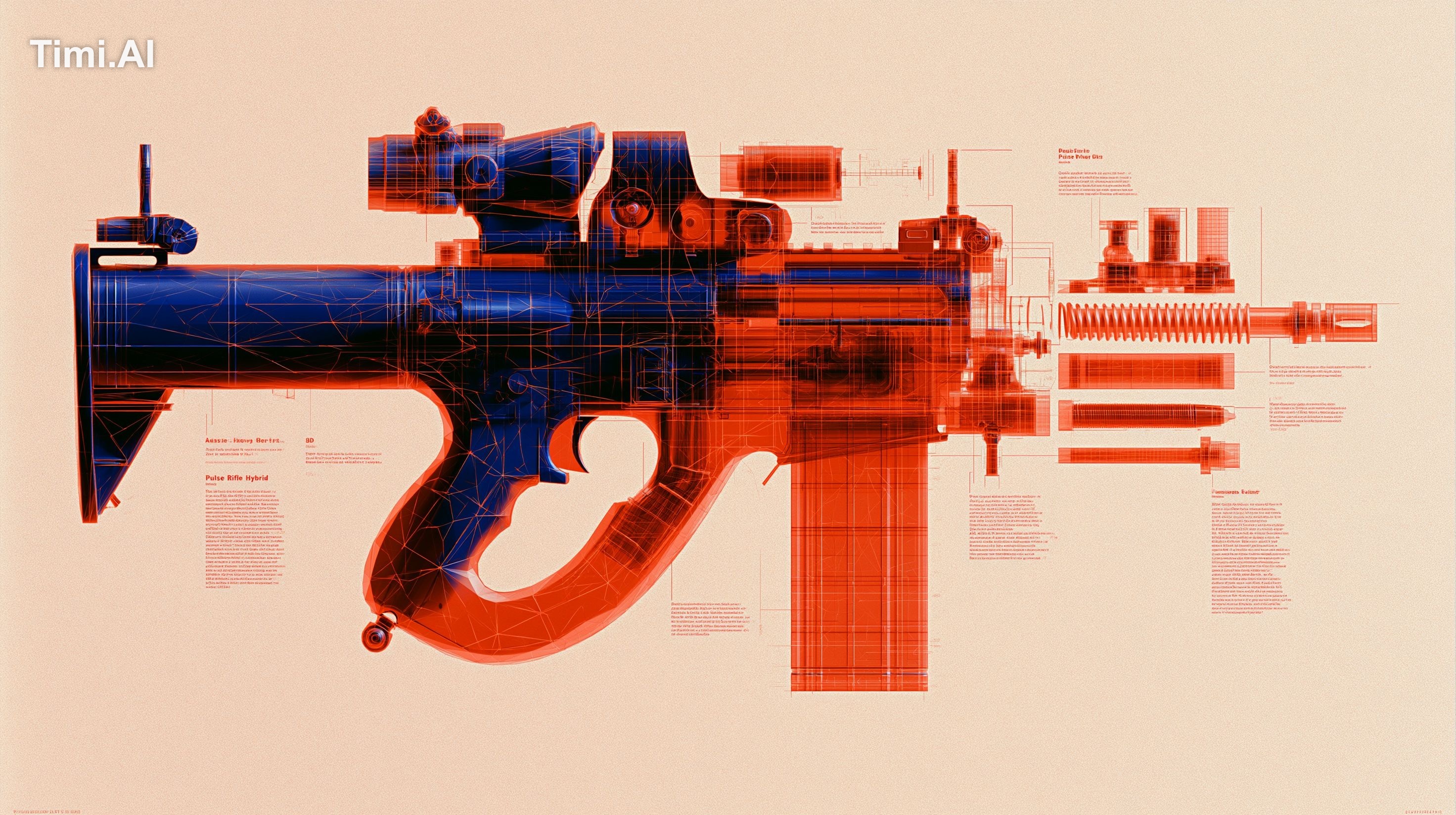 Autopsy infographic of geometric low-polygon transparent M134 Minigun h…