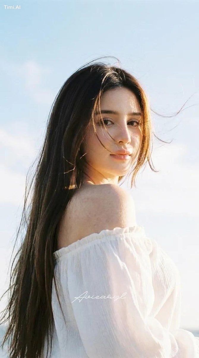 HAIRSTYLE: Ultra‑long, sleek dark brown hair with warm sun‑kissed highl…