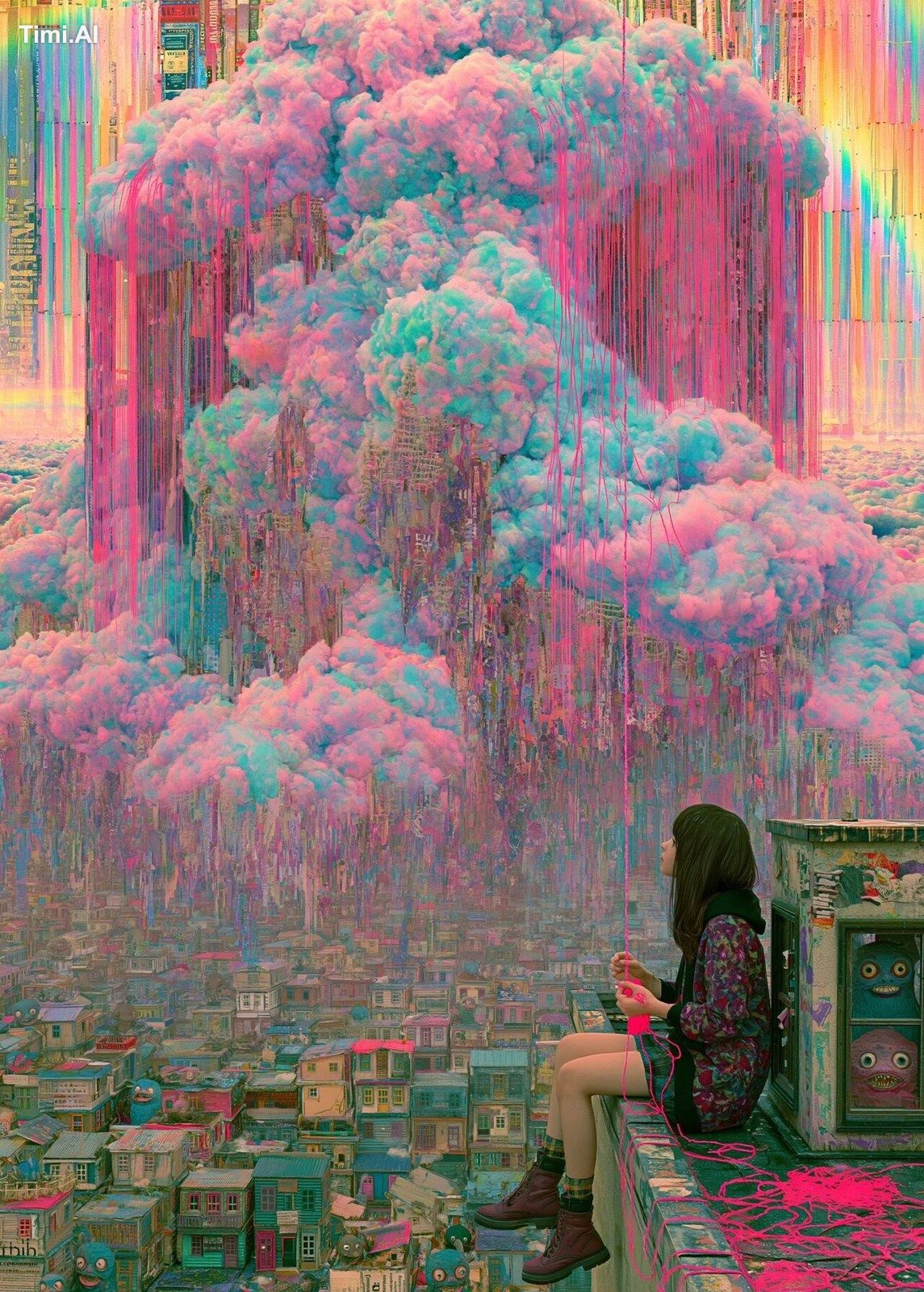 a girl sewing together giant clouds with bright pink thread while sitti…