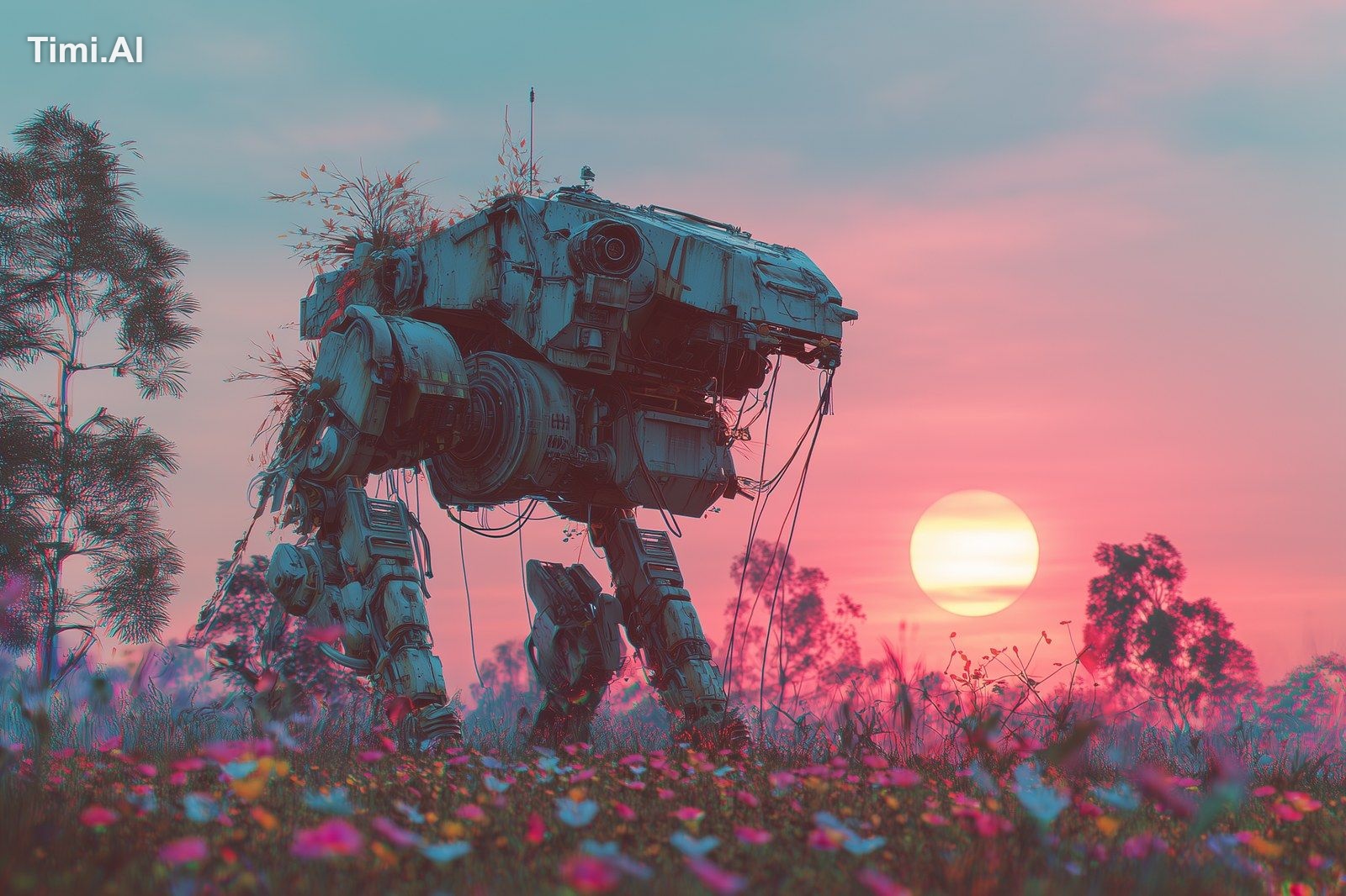 dead mecha droid, sunset, minimal, distant, decadent garden, memory mac…