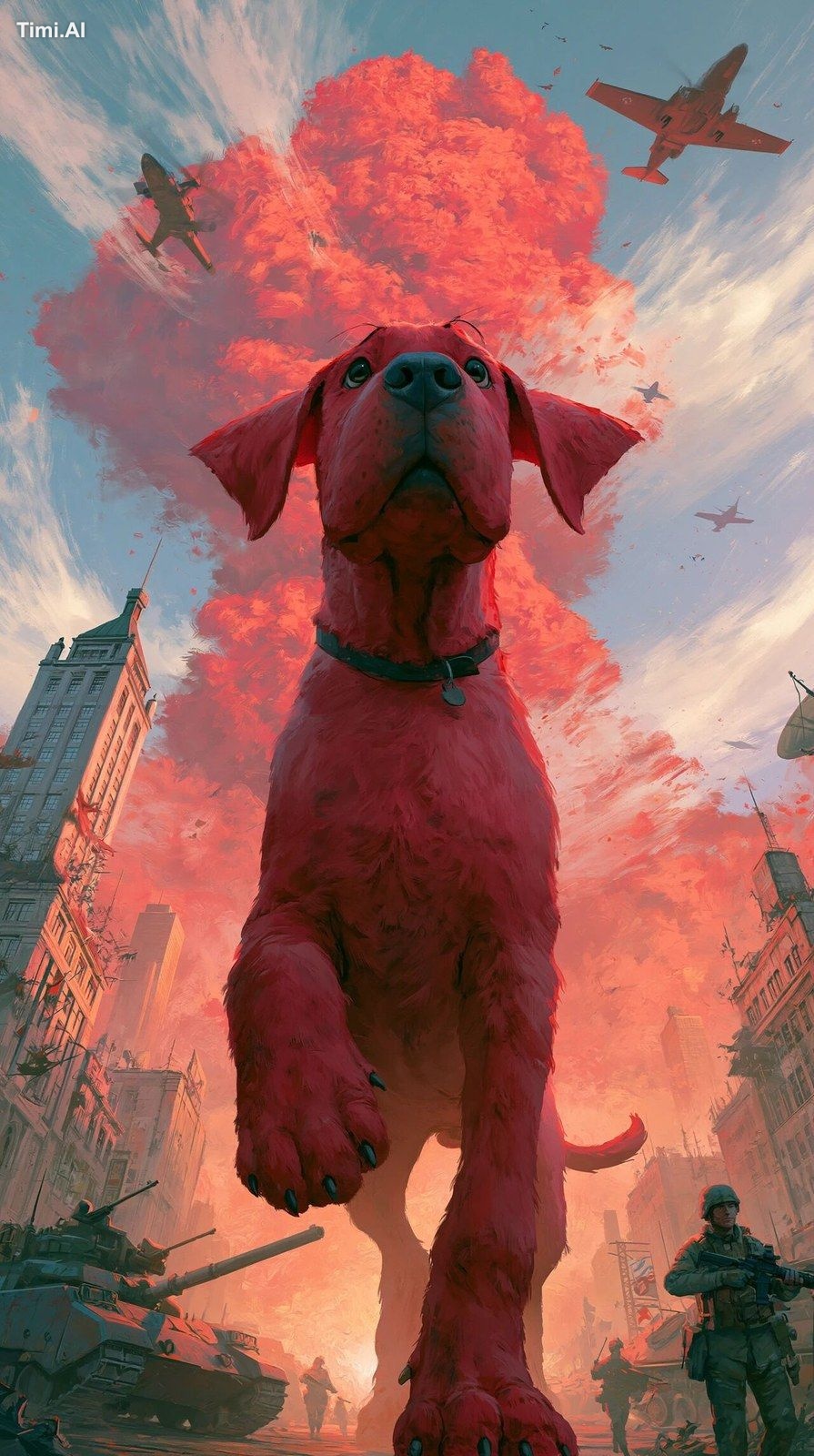 wide shot front view of massive red dog like Clifford destroying an ent…