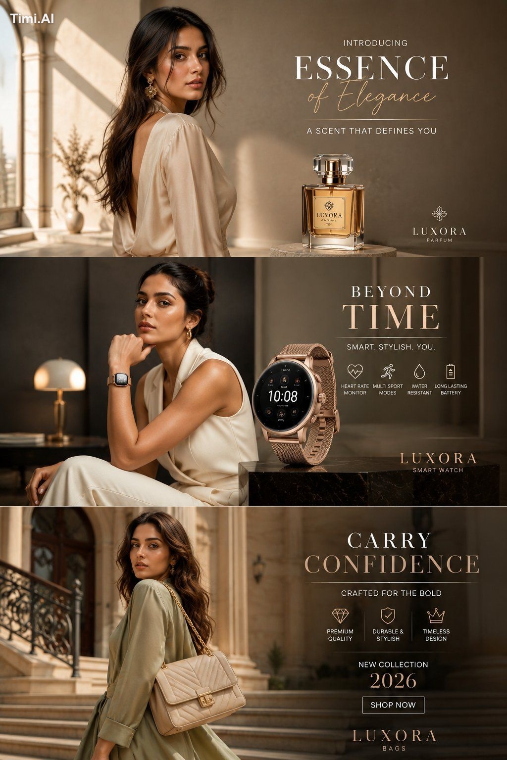Ultra-realistic luxury fashion editorial advertisement in 3 vertical ci…