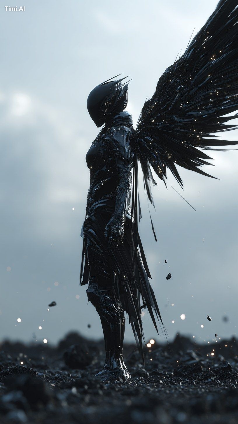 dark sci-fi, ethereal warrior style, a formidable figure with shadowy w…
