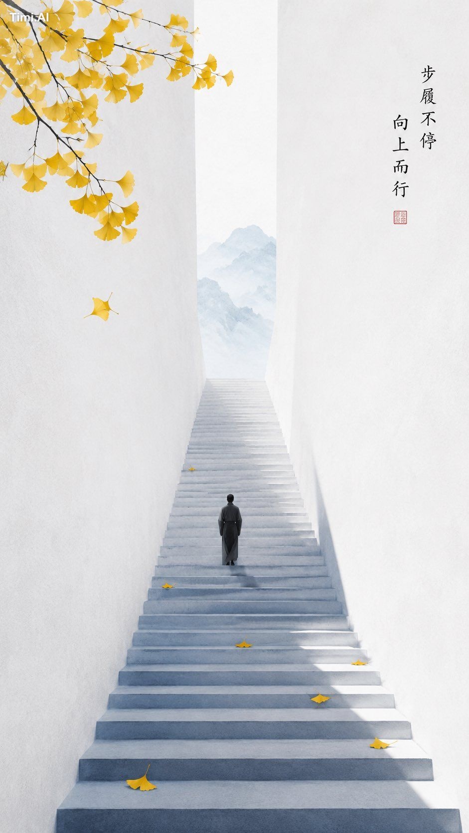 主题方向：东方禅意极简海报 风格分支：高对比节气型 主体内容：一位沿长阶缓慢向上走的人物 情绪母题：秋日清朗、向上、静中有生机 场景与意象：柠…