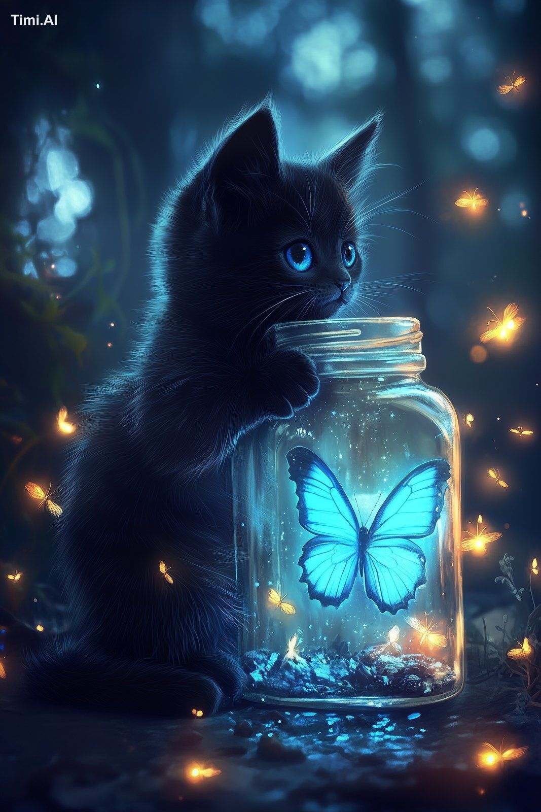 A black kitten with a blue, glowing butterfly in a jar, surrounded by f…