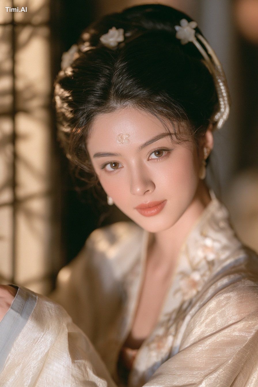 Song dynasty court lady, East Asian refined slender oval face, containe…