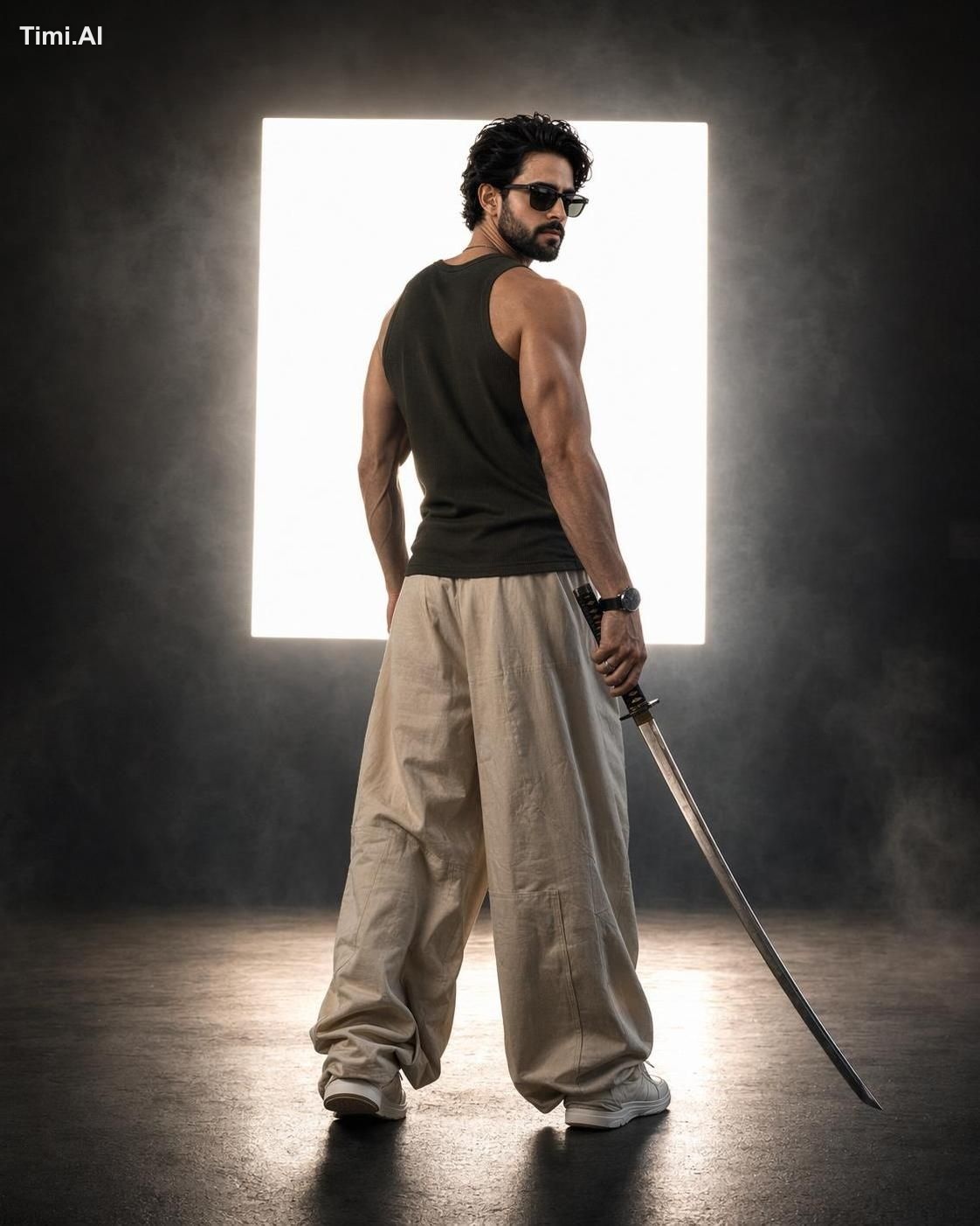 Full-body cinematic studio portrait of an athletic man From reference i…