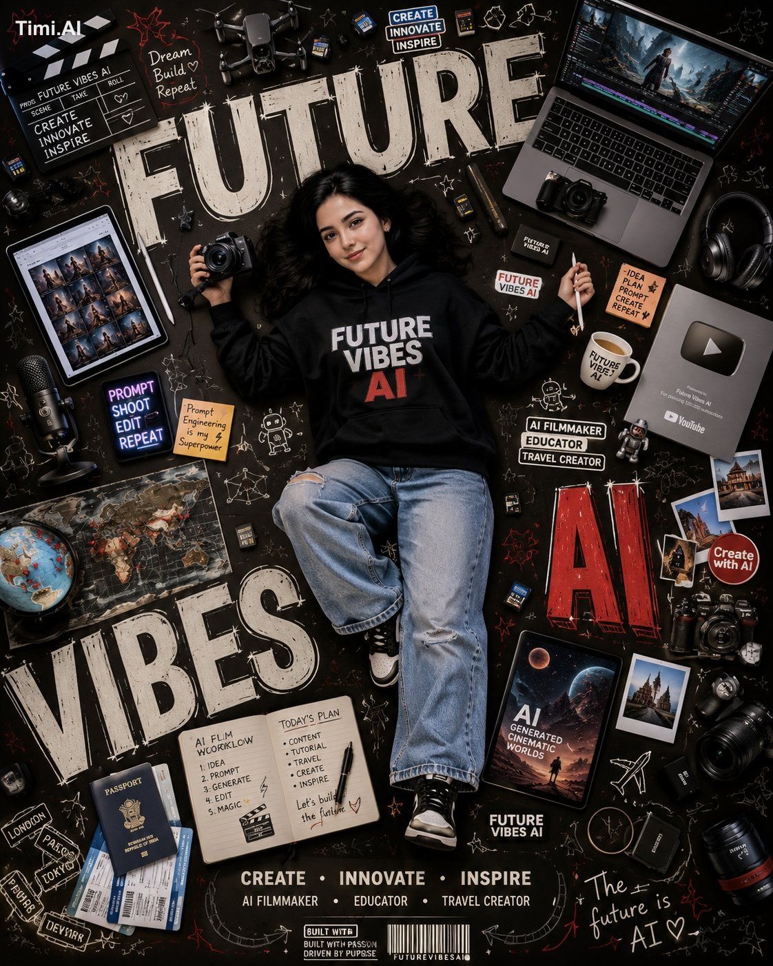 A premium 4:5 editorial brand campaign poster for Future Vibes AI. Main…