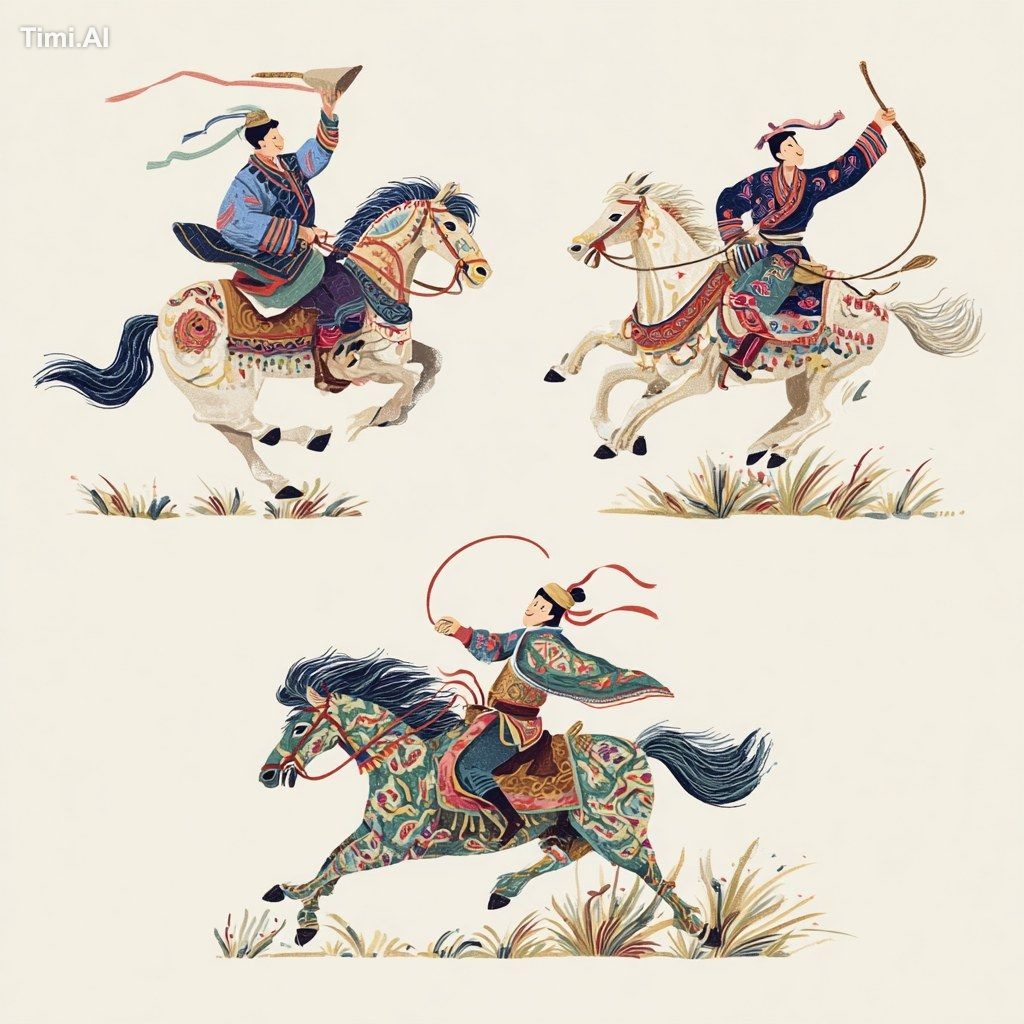 Generate a set of illustrations of people riding horses, holding a long…