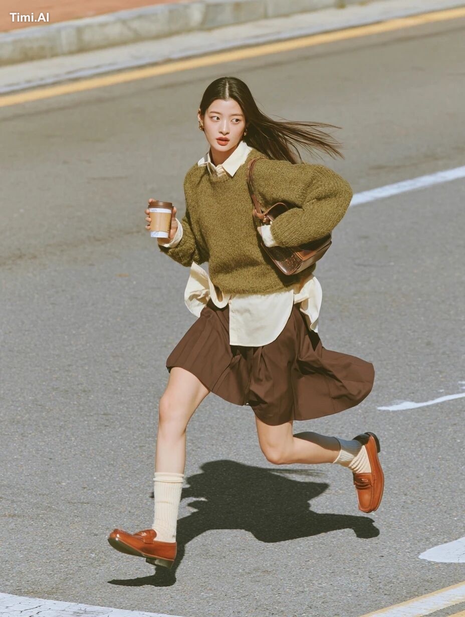 A young stylish woman crosses the street at a fast pace, holding a coff…