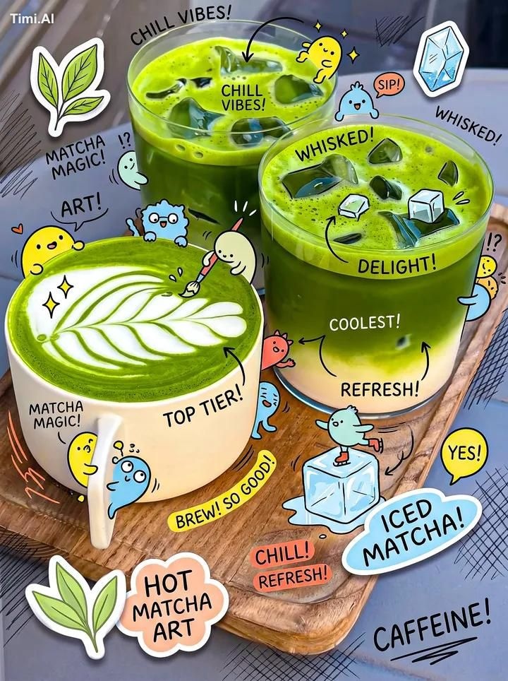 Create a vibrant, cozy café-style food photograph of three matcha drink…