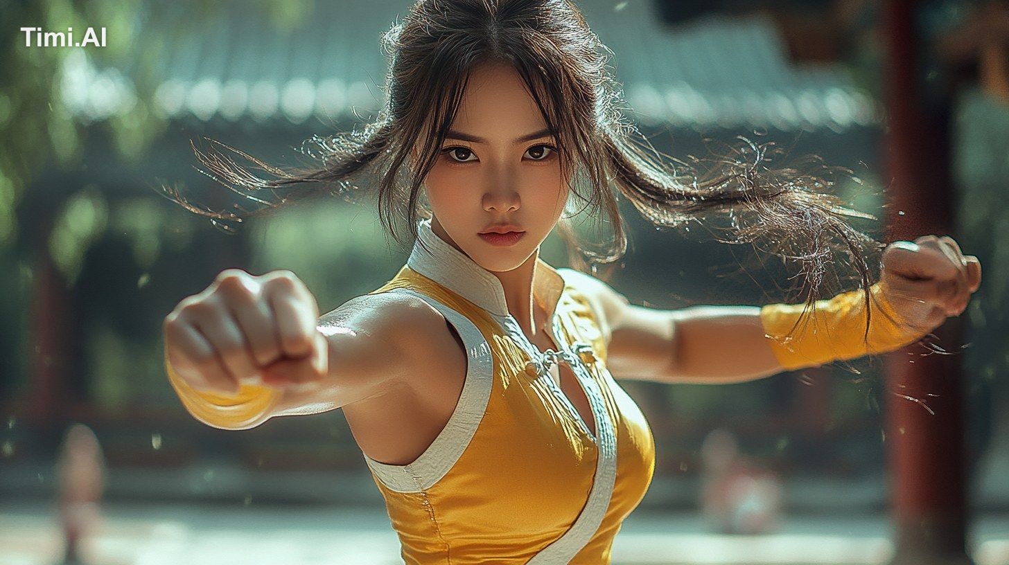 Create a full-body, photorealistic action shot of Leifang, the skilled …
