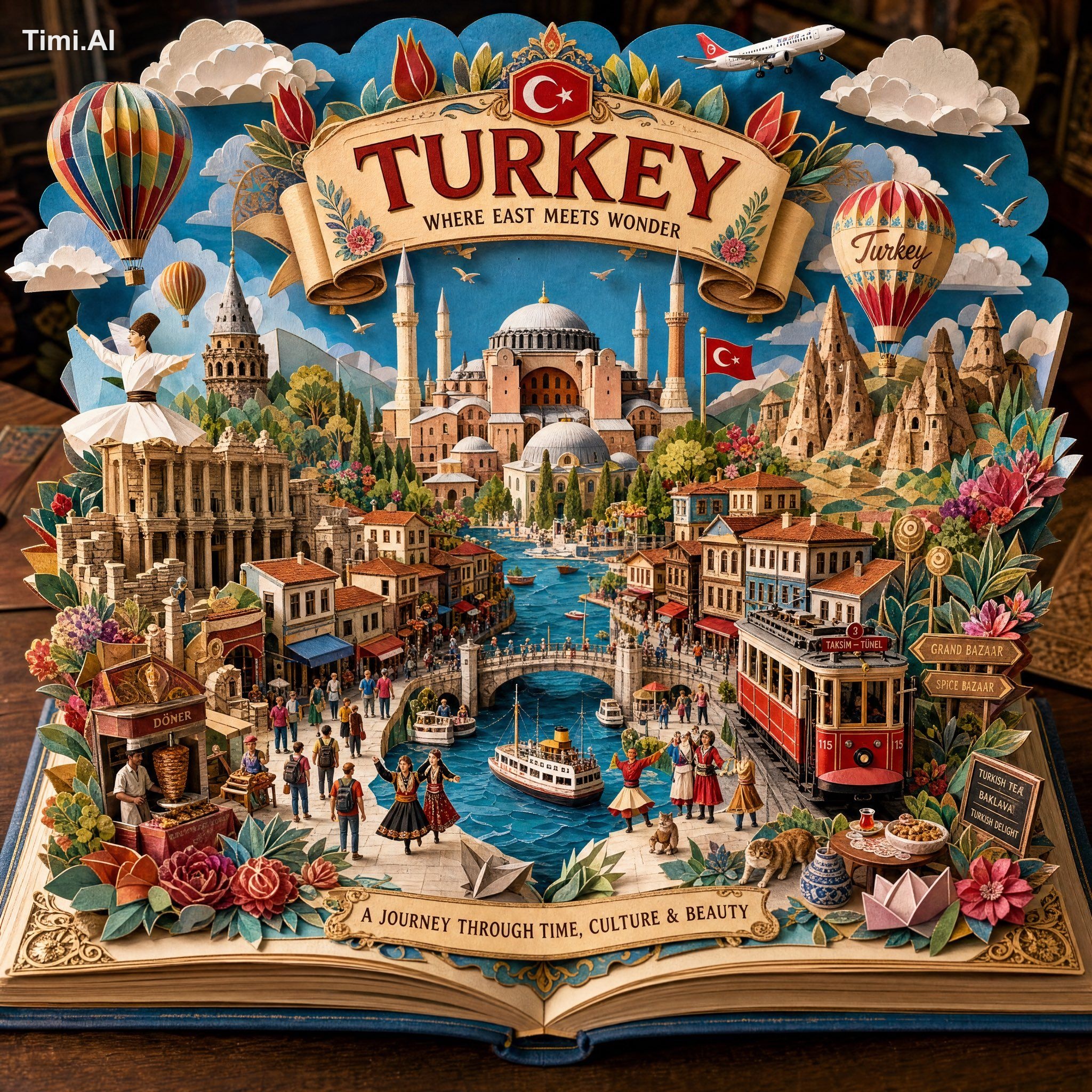 Create an ultra-detailed handcrafted 3D pop-up storybook travel illustr… 1