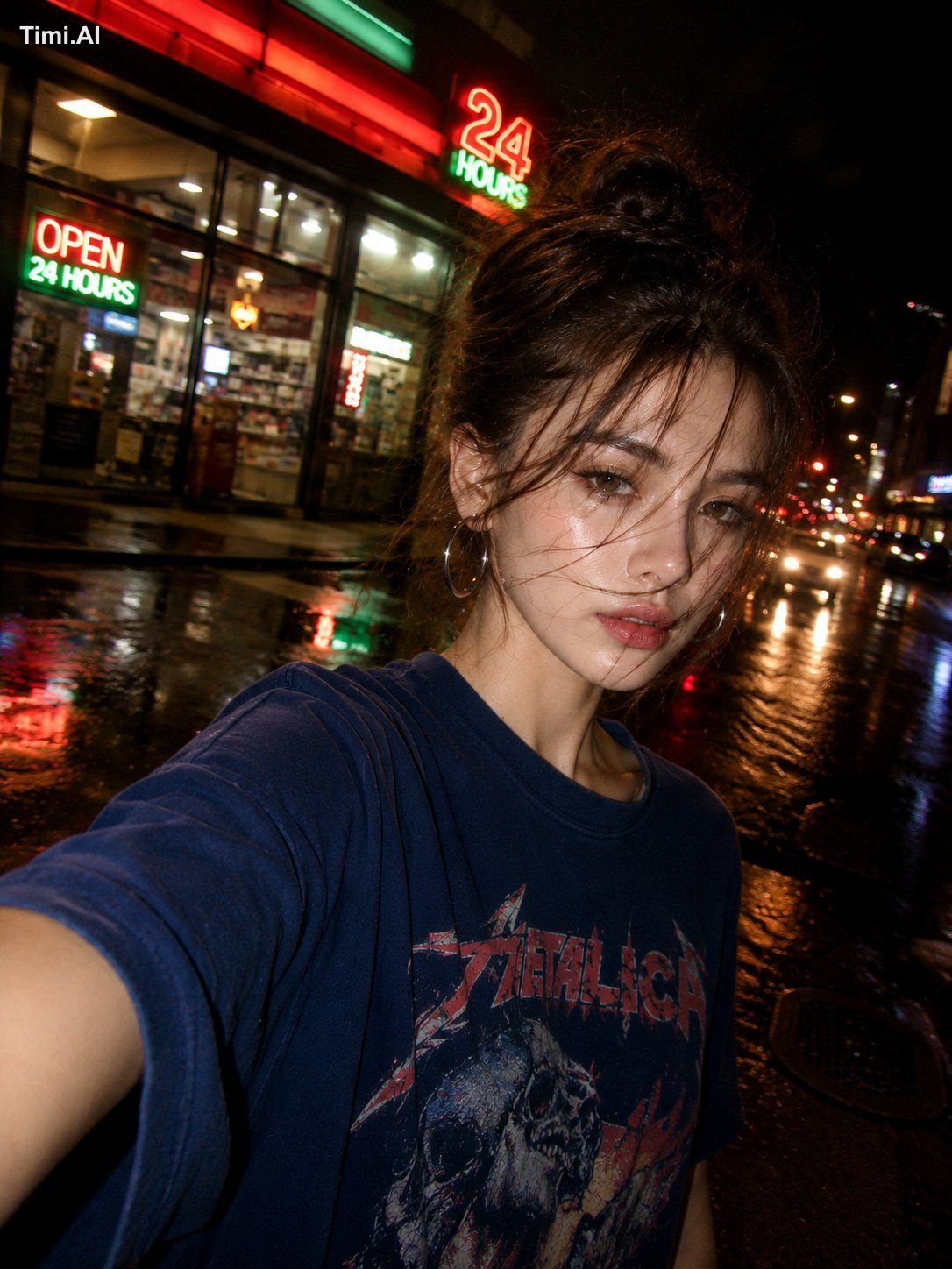 Create an ultra-realistic nighttime street selfie of a beautiful young …