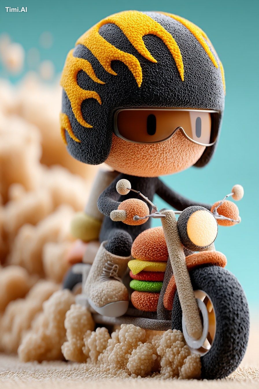 A juicy, fresh burger wearing a sleek black motorcycle helmet with bold…