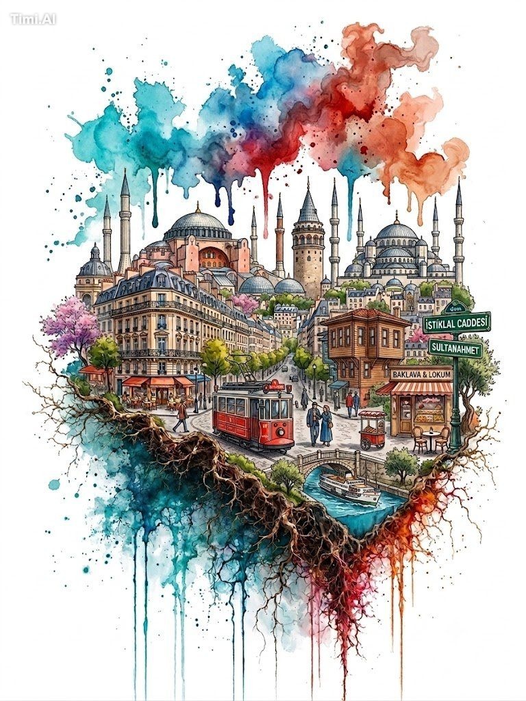 Create a vibrant mixed-media watercolor and ink illustration of [LOCATI…