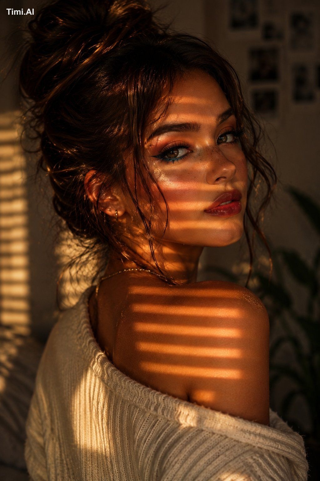 A cinematic close-up portrait of a beautiful young woman with dark brow… 1