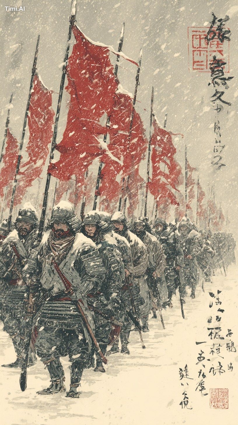 Ukiyo-e style, Uesugi soldiers marching through deep snow, red banners …