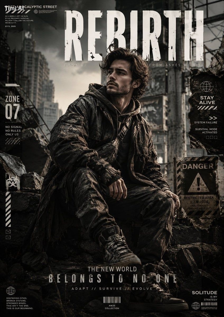 A contemporary editorial fashion poster inspired by the Post-Apocalypti…