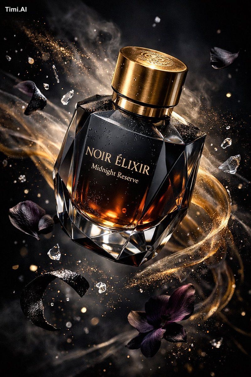 Ultra-cinematic luxury fragrance advertising photography of "NOIR ÉLIXI… 1