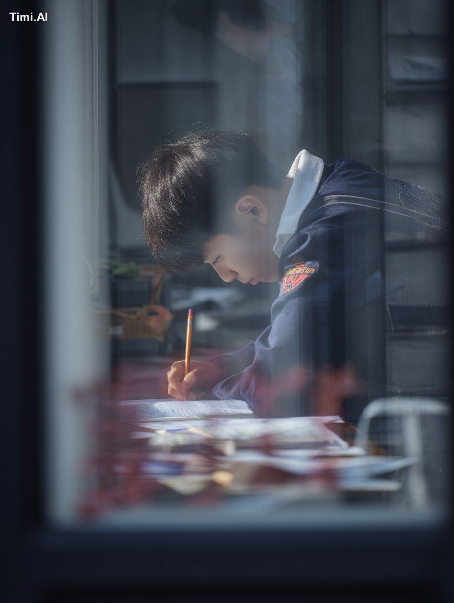 Through the reflective classroom window glass, a Chinese student can be…