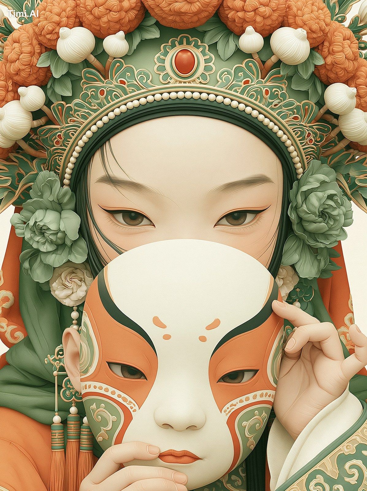 Chinese Peking opera, female performer, holding an opera mask, front vi…
