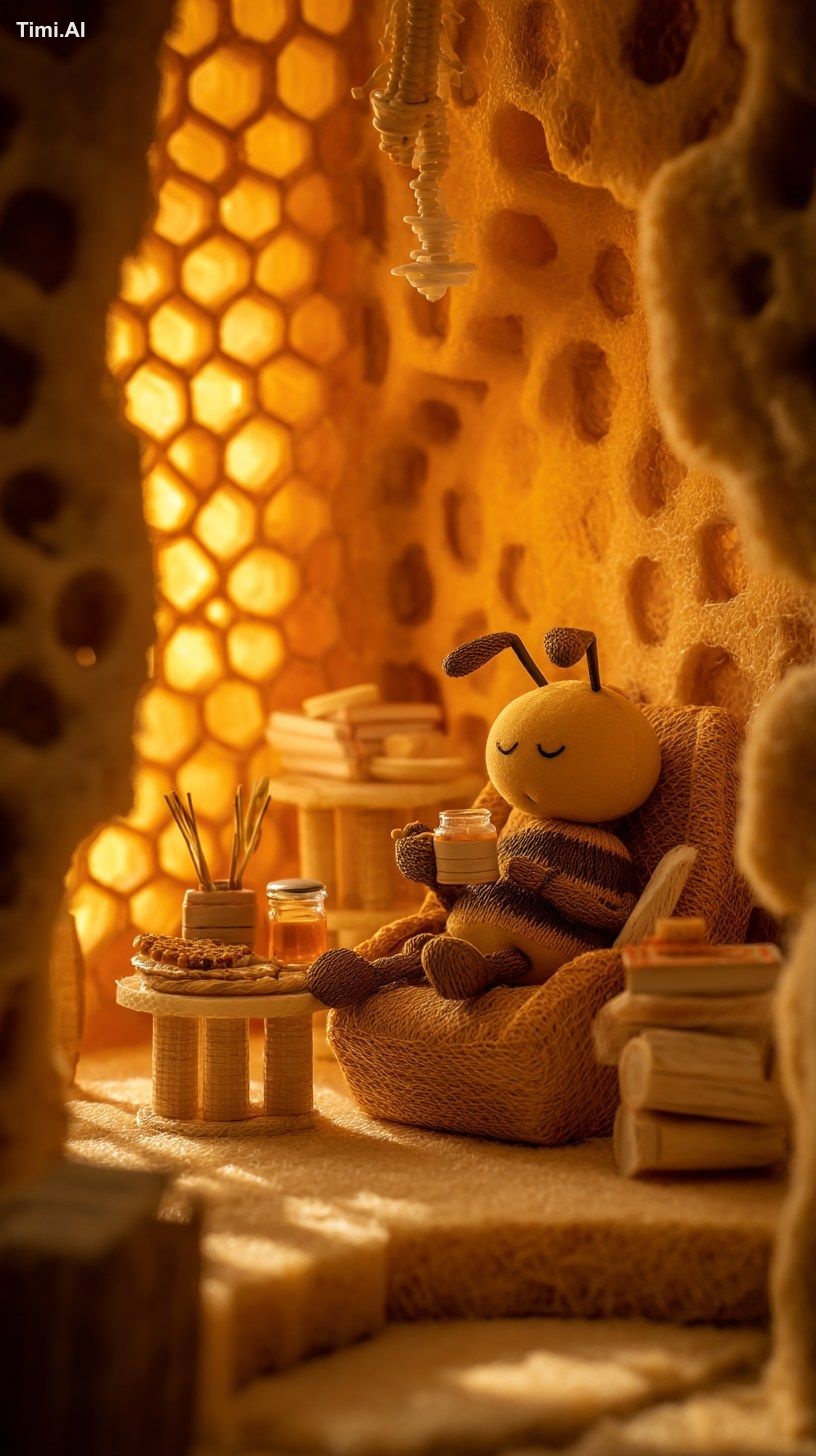 In a whimsical setting, a bee lounges comfortably on a plush chair craf…