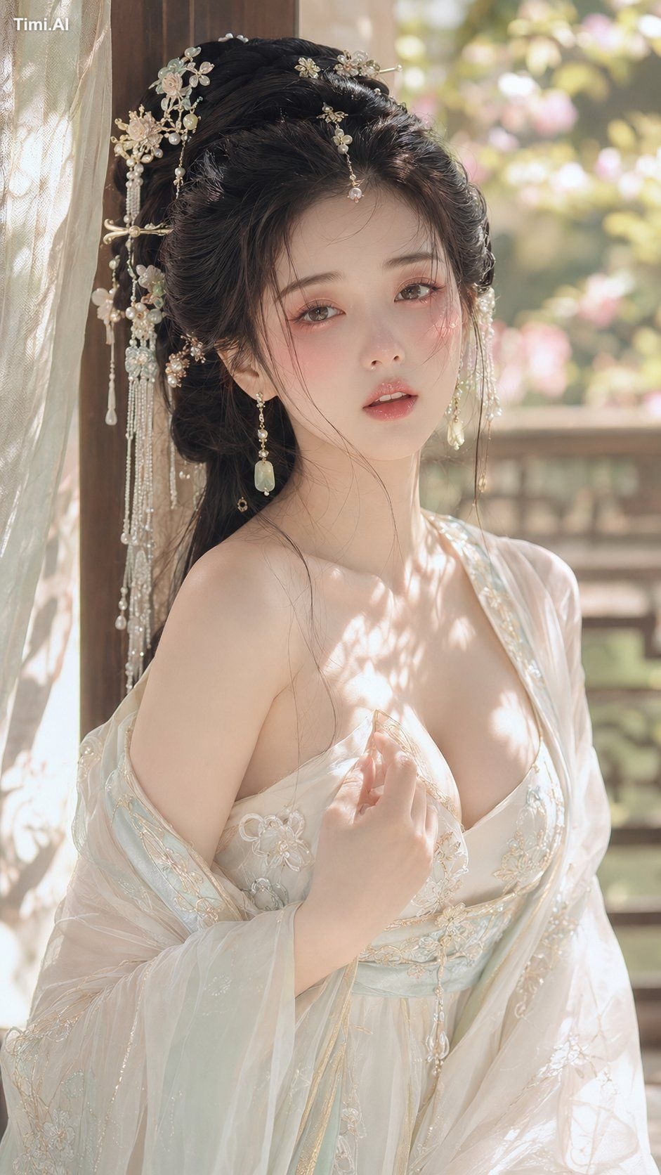 9:16 竖版，古风贵女花影水光美妆写真，东方水光显妆贵女人像，美妆特写到胸像近景构图，正面轻微侧身，安静看向镜头，嘴唇微微张开，姿态柔美含蓄…