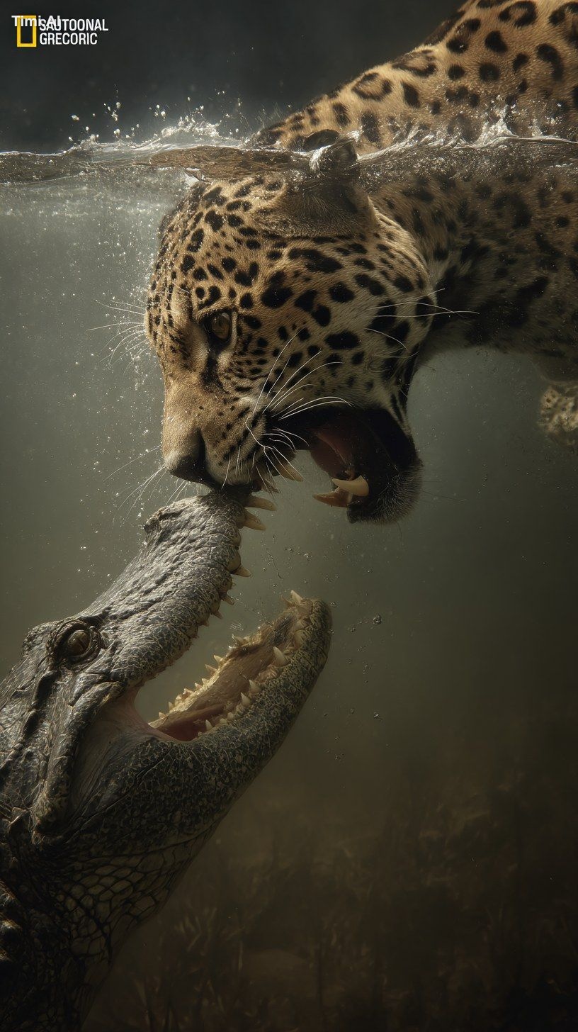 Jaguar fighting an alligator in the water, National Geographic photo, t…