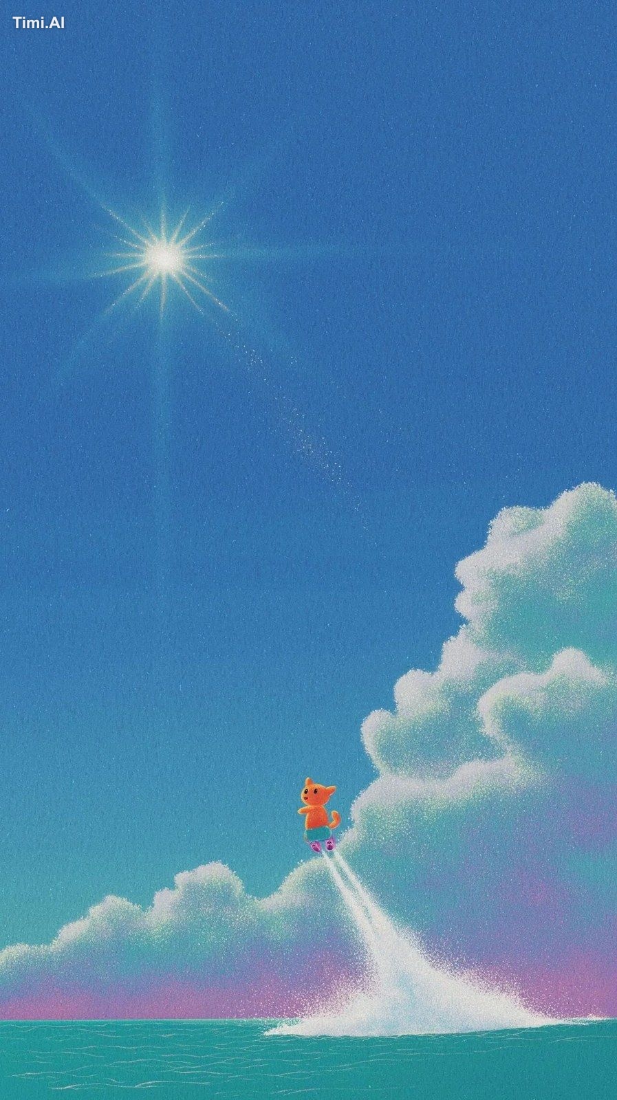 an orange kitten flying high on a flyboard above the ocean, full flyboa…