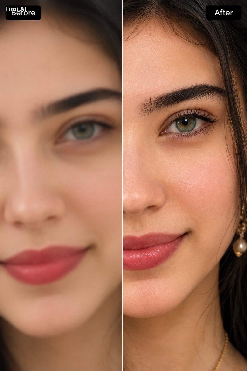 Extreme close-up split-screen comparison image of a young woman's face,…