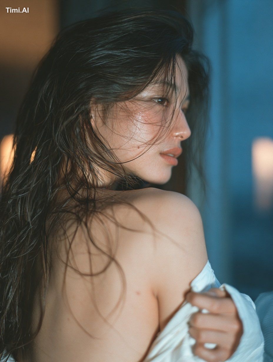 23-year-old East Asian woman, delicate profile, natural skin, hair fall…