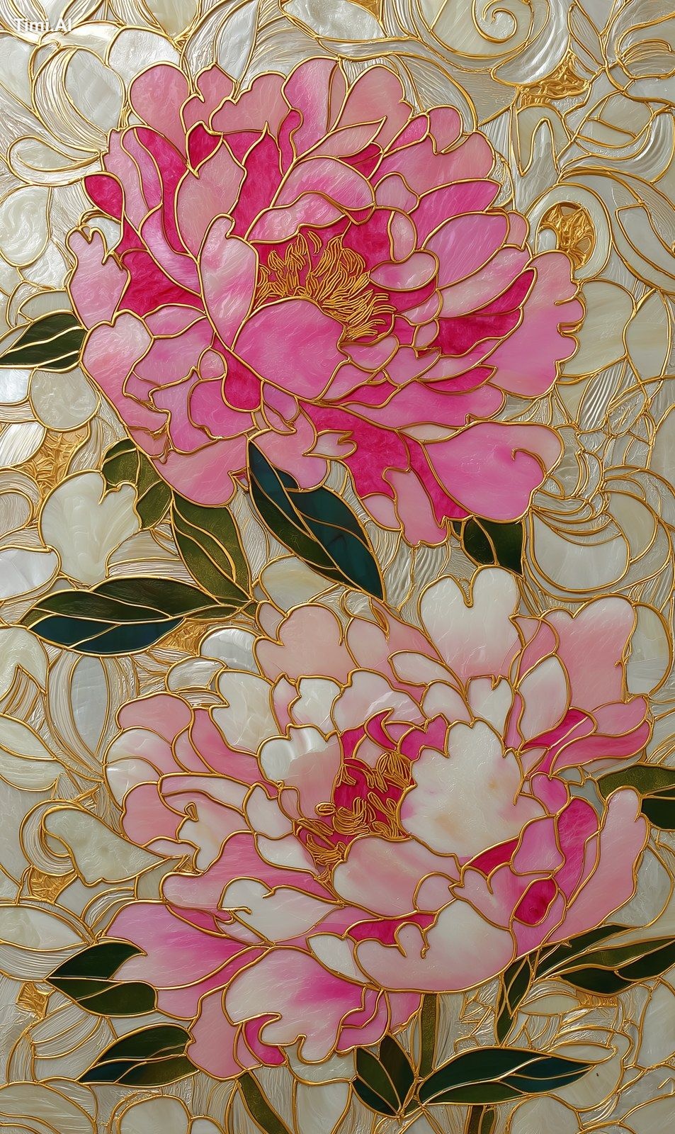 3D peonies flowers, gold inlay work, stained glass-style design, in pin…