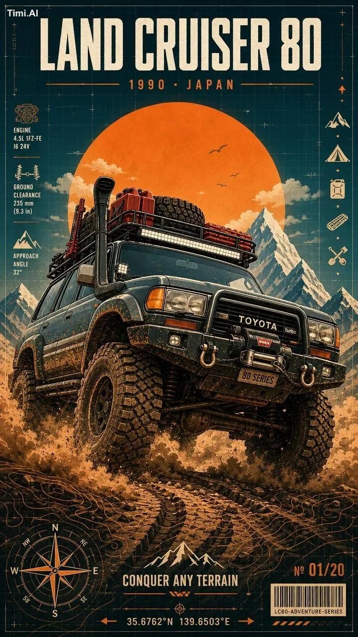 Ultra-detailed vintage overland expedition poster featuring a legendary… 1