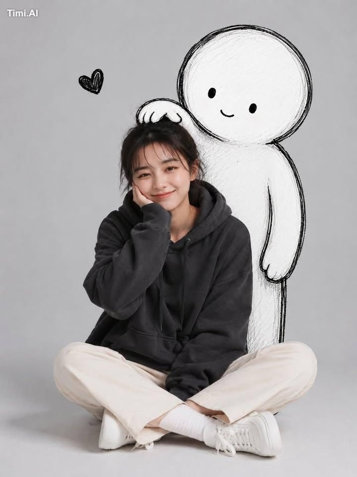 A cute minimalist portrait of a young woman sitting casually on the flo… 2