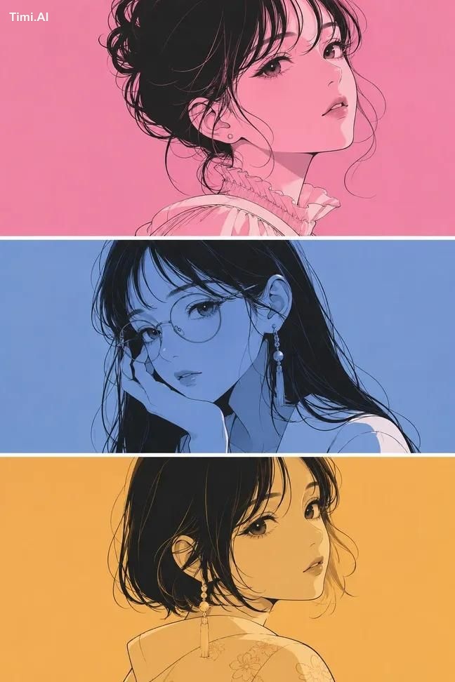 Three-panel anime/manga portrait of the same girl with an identical fac… 1