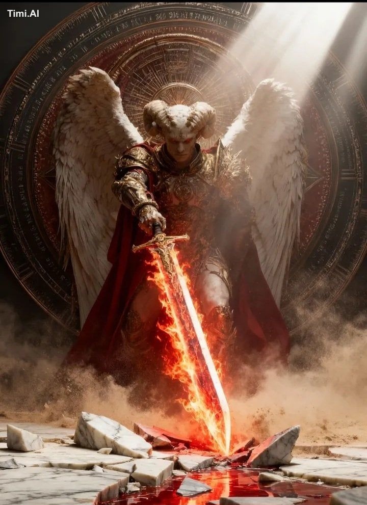 A divine fallen angel warrior kneeling in the center of an ancient cele…
