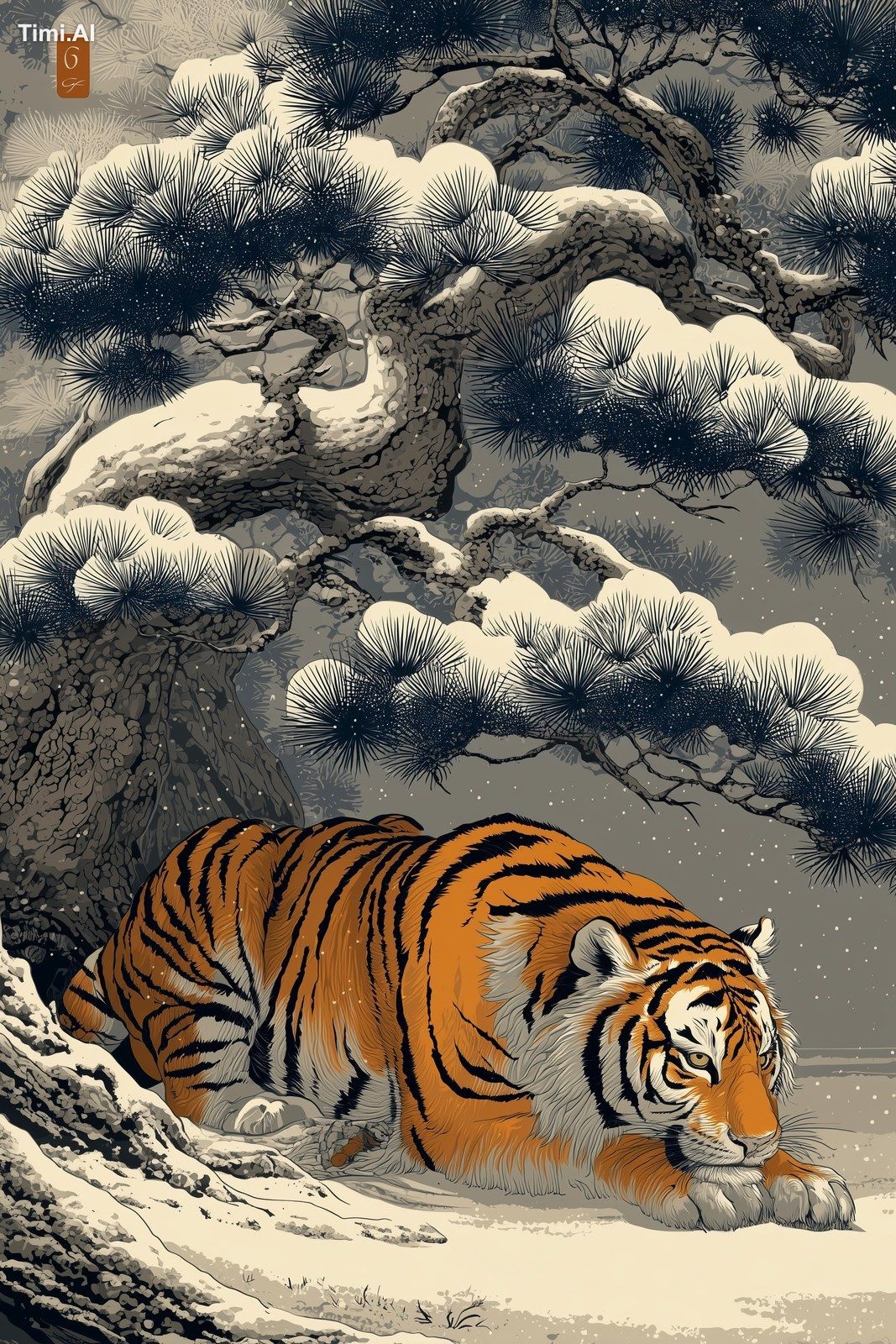 A tiger resting beneath a pine tree in snow, bold Japanese woodblock pr…