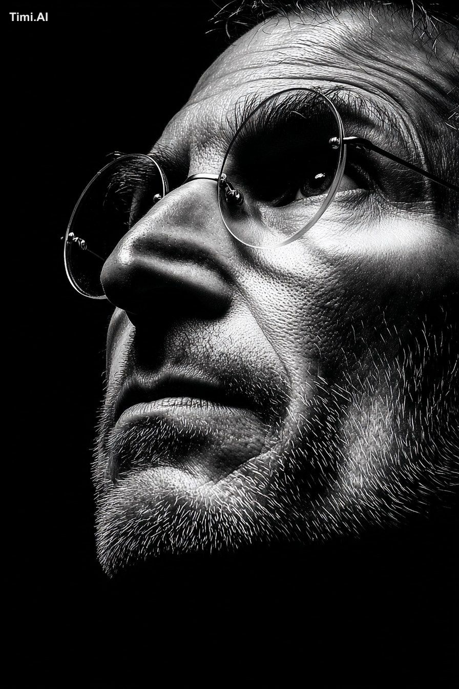 Steve Jobs with eye glasses. Dramatic noir portrait, harsh high-contras…