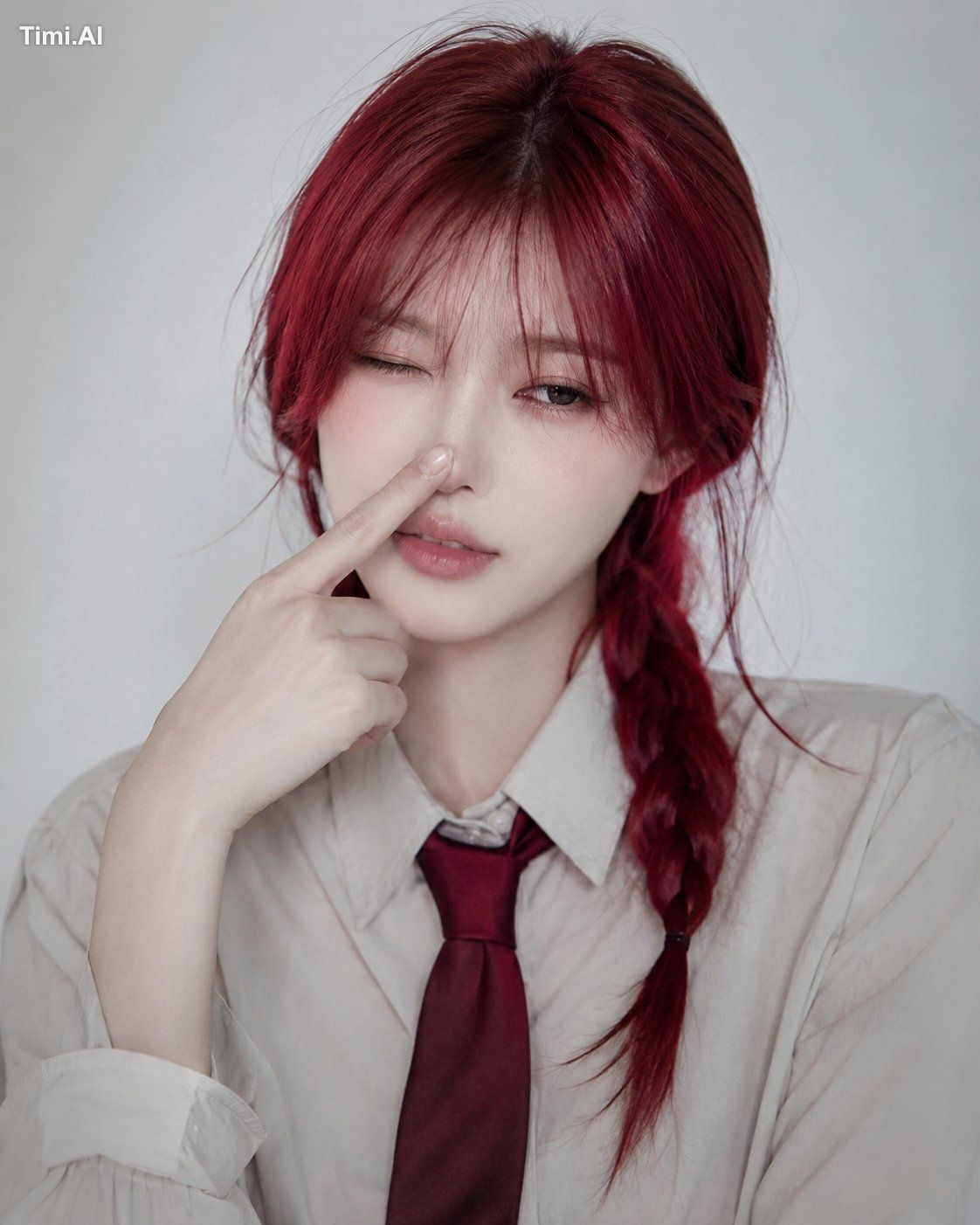 Ultra-realistic portrait of a beautiful young woman with long crimson-r…