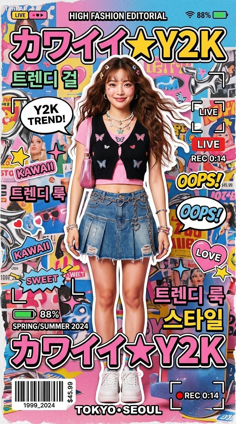 High-fashion kawaii Y2K editorial poster featuring a stylish young woma… 3