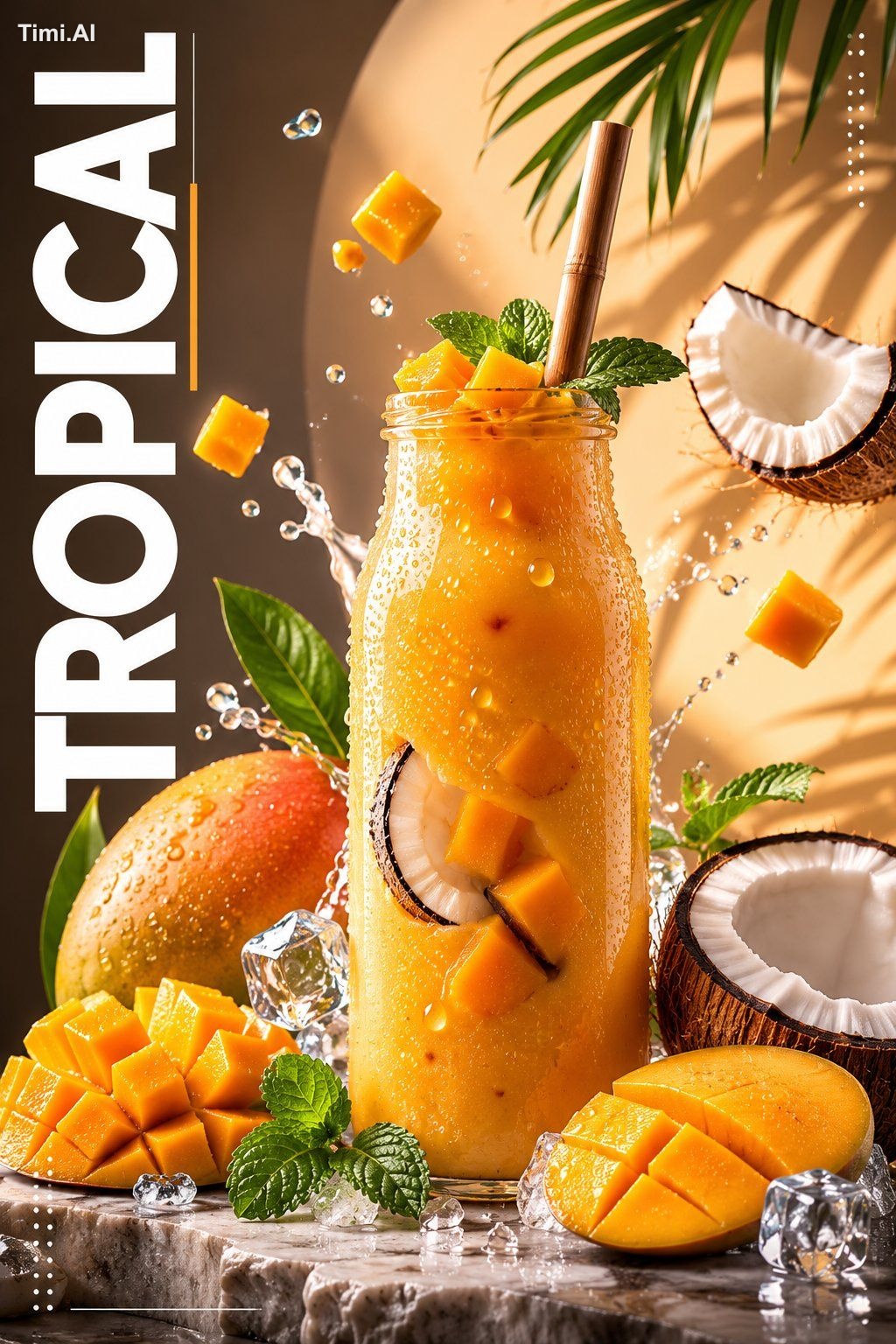 Create a premium, ultra-realistic beverage advertisement poster featuri…