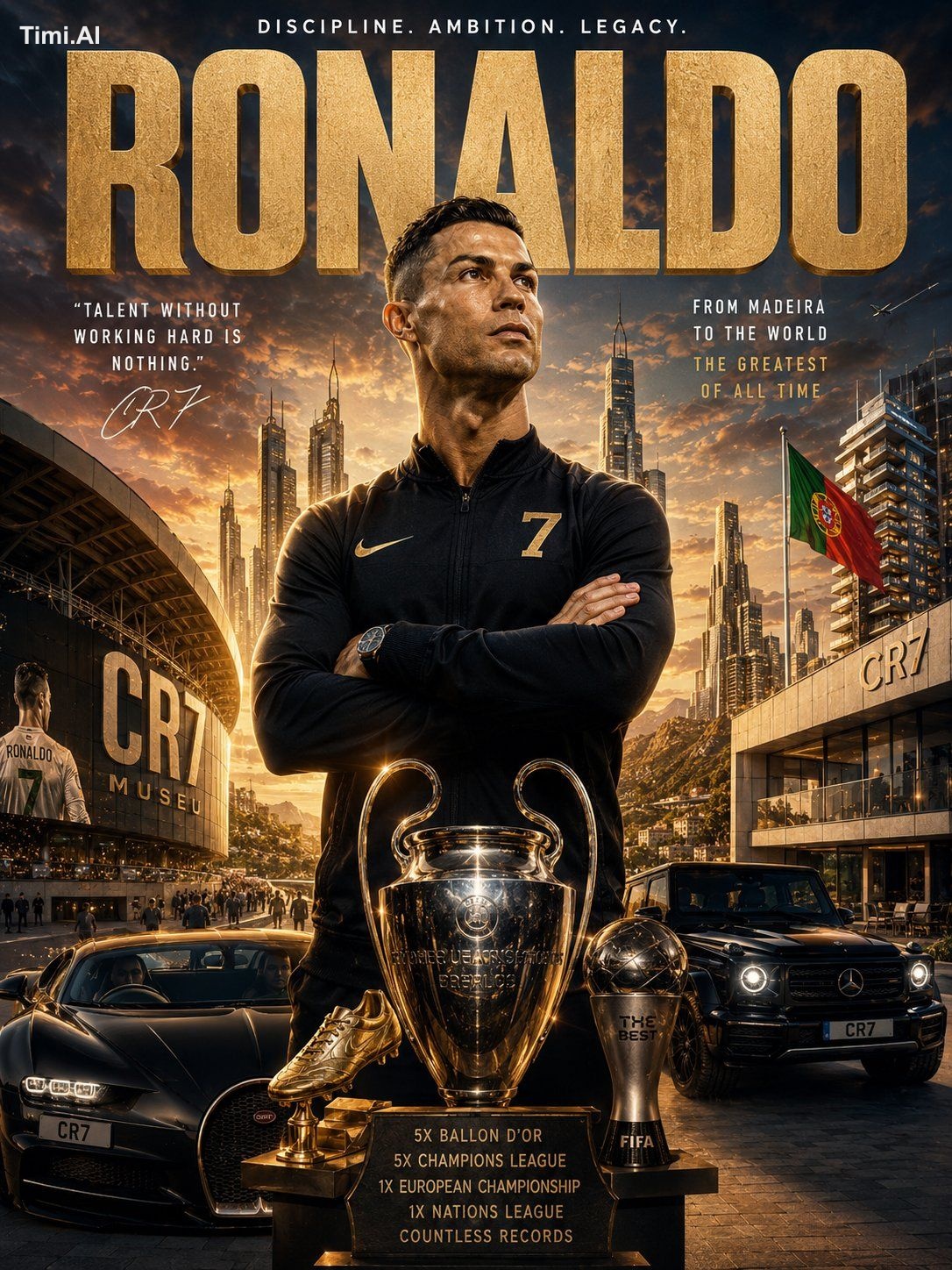 Ultra-detailed cinematic poster of Cristiano Ronaldo standing confident…