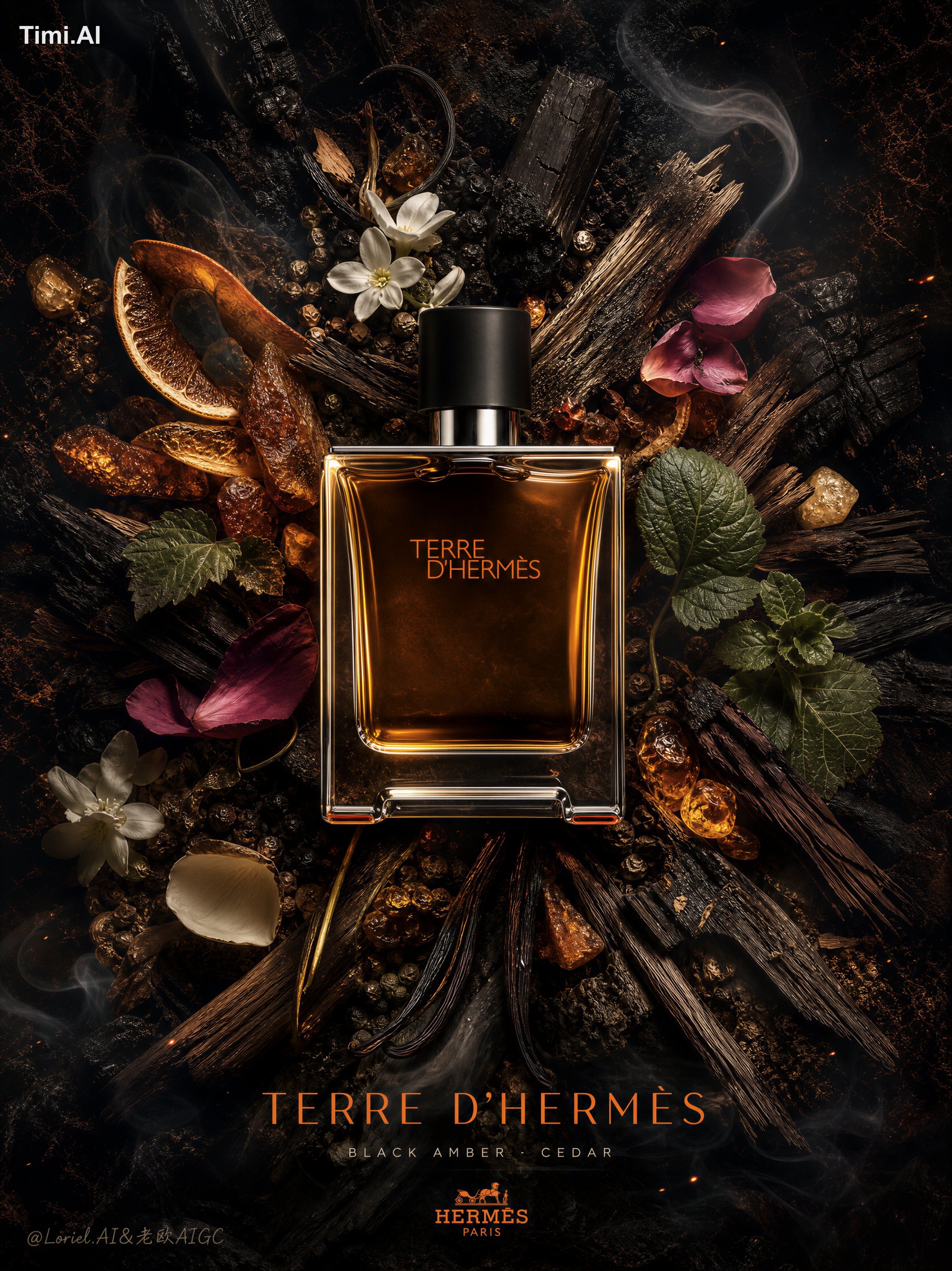 blurry bottle label, fake Hermès bottle, tilted camera angle, side view…