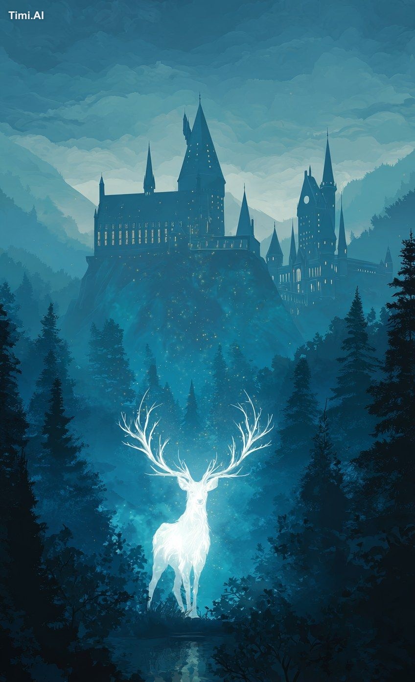 a glowing stag with antlers stands in front of hogwarts castle, dark fo…