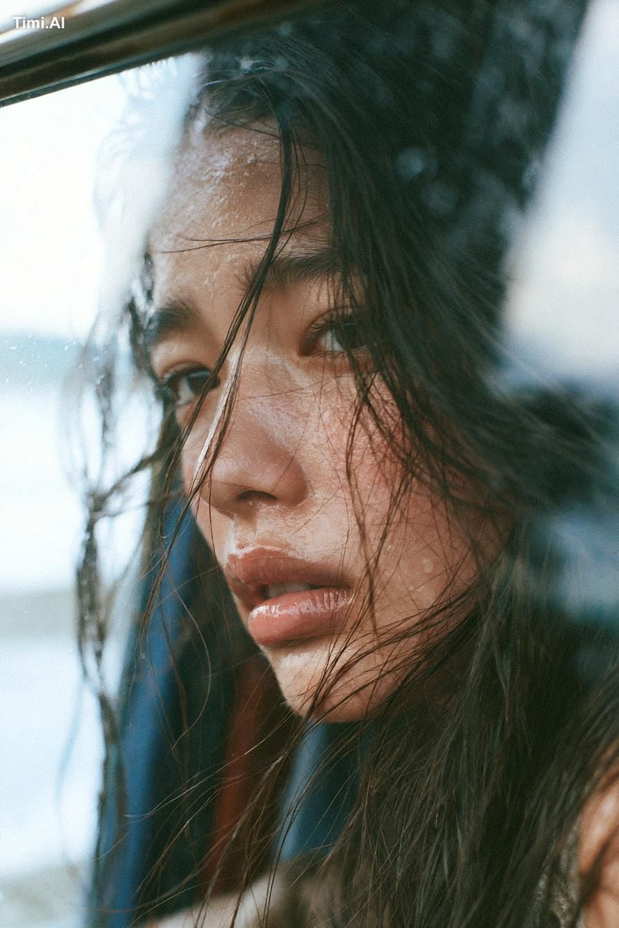A melancholic young East Asian woman with long, slightly messy black ha… 1