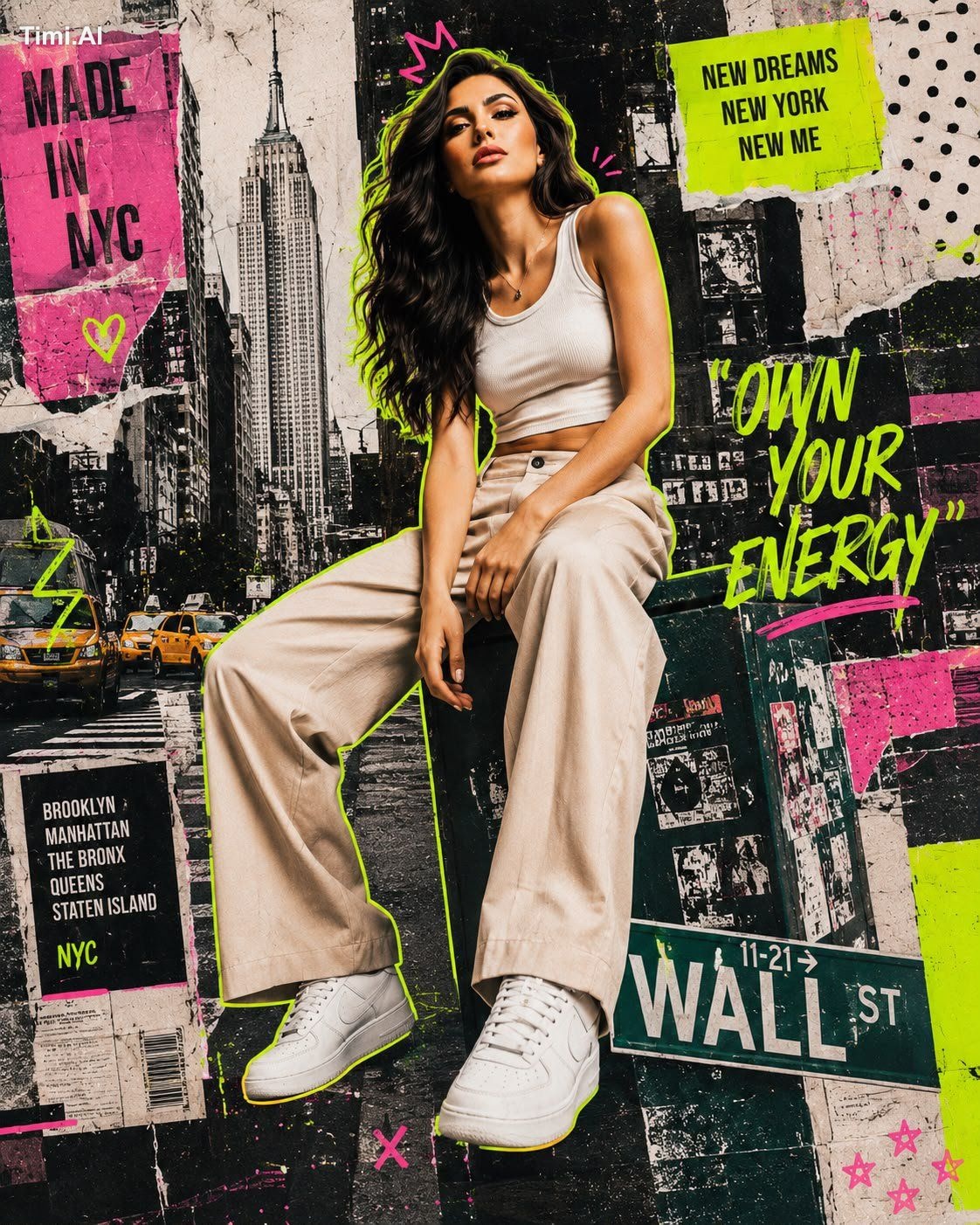 Photorealistic mixed media fashion collage of a cool young woman in a m… 2